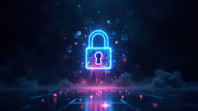 The image features a vibrant lock symbol with glowing blue and purple hues representing cybersecurity and internet security.