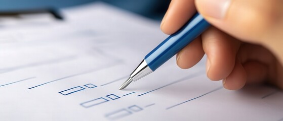 A person is writing on a piece of paper with a blue pen. The paper has a grid of boxes and the person is filling in the boxes with their answers