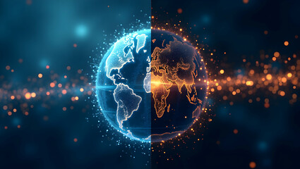 Creative split-image design showcasing a world with contrasting hemispheres, depicting technological advancement and interconnectedness between different regions of the globe