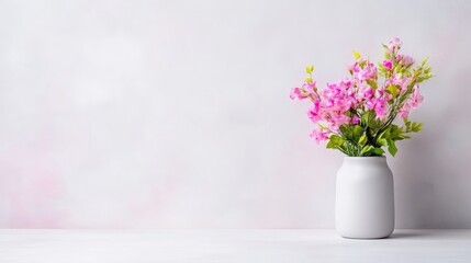 Fototapeta premium A white ceramic vase with vibrant pink flowers on a minimalist white surface, soft pastel background, elegant floral arrangement, and home decor concept.