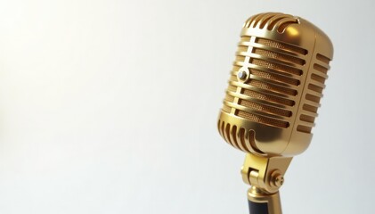 Fototapeta premium Close-up of a gold microphone on white background, headphones, isolated