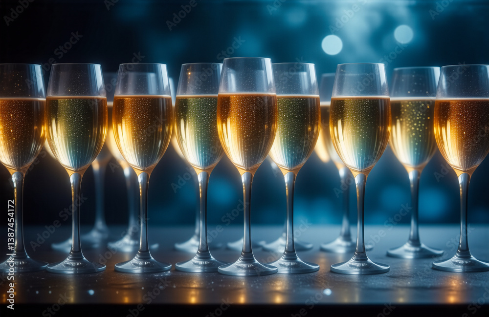 Poster rows of champagne flutes filled with golden sparkling liquid stand elegantly on a reflective surface