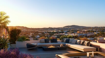 Naklejka premium A stylish modern townhouse with a private rooftop terrace, featuring lounge seating and a stunning city view.