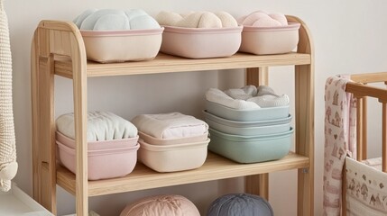 A well-organized nursery with soft pastel storage boxes stacked neatly on a wooden rack.