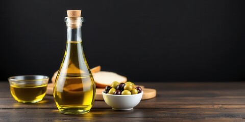 Rustic Mediterranean still life with olive oil bottle, mixed olives, and bread on wooden board against dark background - authentic cuisine scene