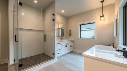 Bathroom in a minimalist townhouse with a frameless glass shower, floating vanity, and matte black fixtures.