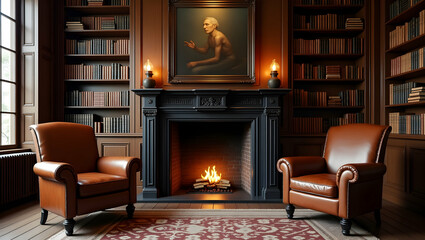 A Luxurious and Inviting Library Interior with Leather Armchairs and a Warm Fireplace Creates an Atmosphere of Relaxation and Intellectual Pursuits in a Private Residence