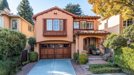 Bright exterior of a freshly painted modern townhouse with warm wood finishes.