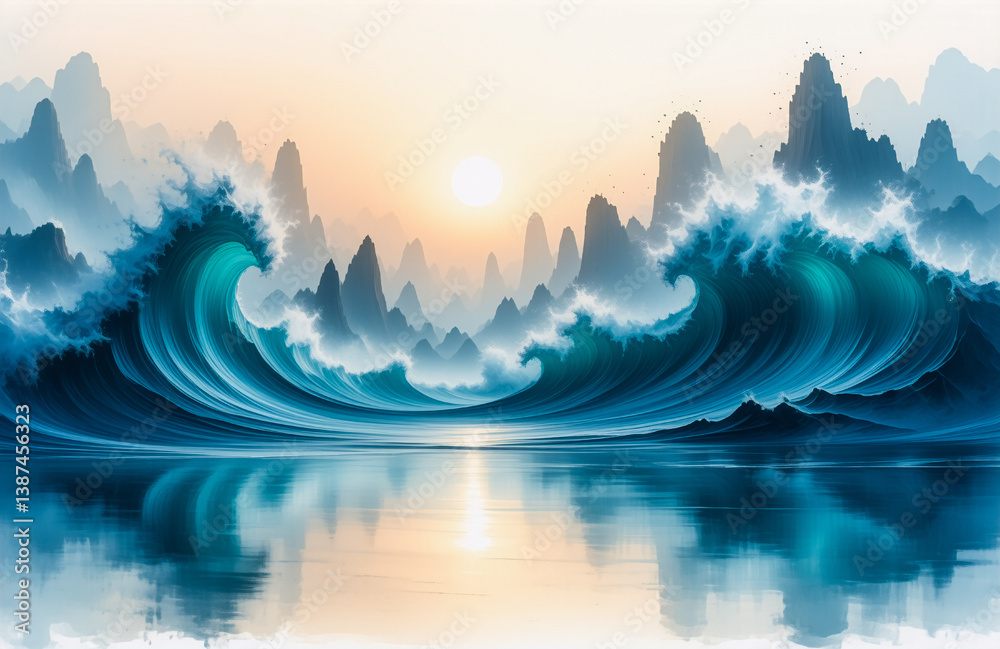Poster dynamic ocean waves crash in front of misty mountain peaks during a colorful sunset. water reflects 