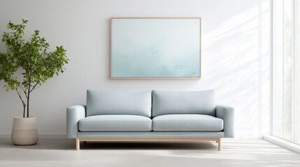 Fototapeta premium Light-filled living room with a light-grey couch and abstract art
