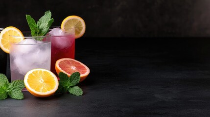 Fototapeta premium Refreshing summer drinks with fruit and mint. Iced beverages in glasses, featuring lemon, grapefruit, and berries