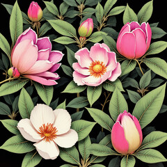 Bright, colorful flowers stand out against a deep black background. A bold and elegant floral design full of energy, contrast, and beauty.