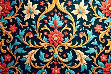Intricate floral damask pattern, swirling vines and leaves , seamless, graphic