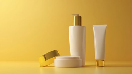 Cosmetic product display on yellow background (1)