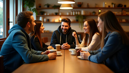 A Group of Friends Enjoying Coffee and Conversation at a Cozy Cafe Communal Table a Charming and Relaxing Scene Capturing Connection Laughter and Warmth in a Cafe Setting