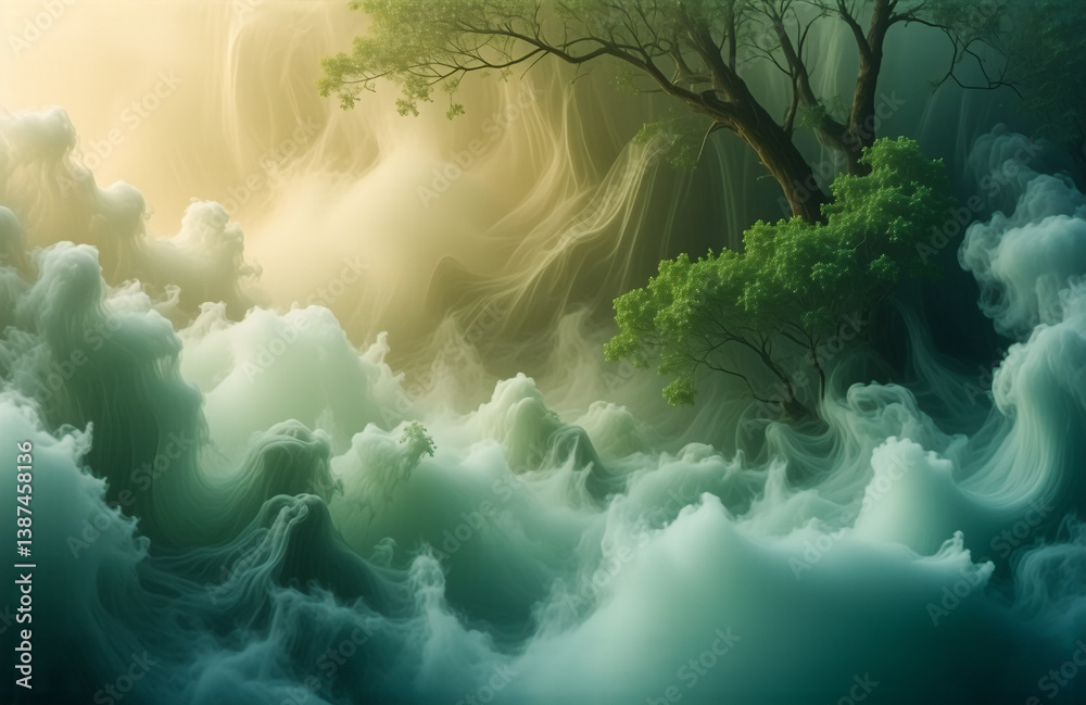 Poster serene scene of verdant trees rising above swirling, ethereal mist. soft, diffused light creates a p