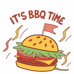 Cartoon Burger With Its Bbq Time Text For Summer Grill Party