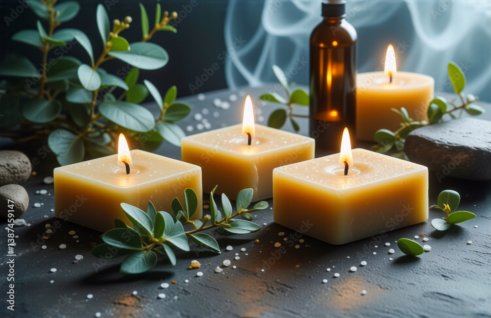Aufkleber burning candles and green leaves create a calming spa atmosphere. dark bottle and salt grains are on