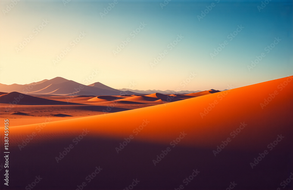 Aufkleber vast desert landscape with rolling orange sand dunes under a gradient blue and warm sky. distant mou