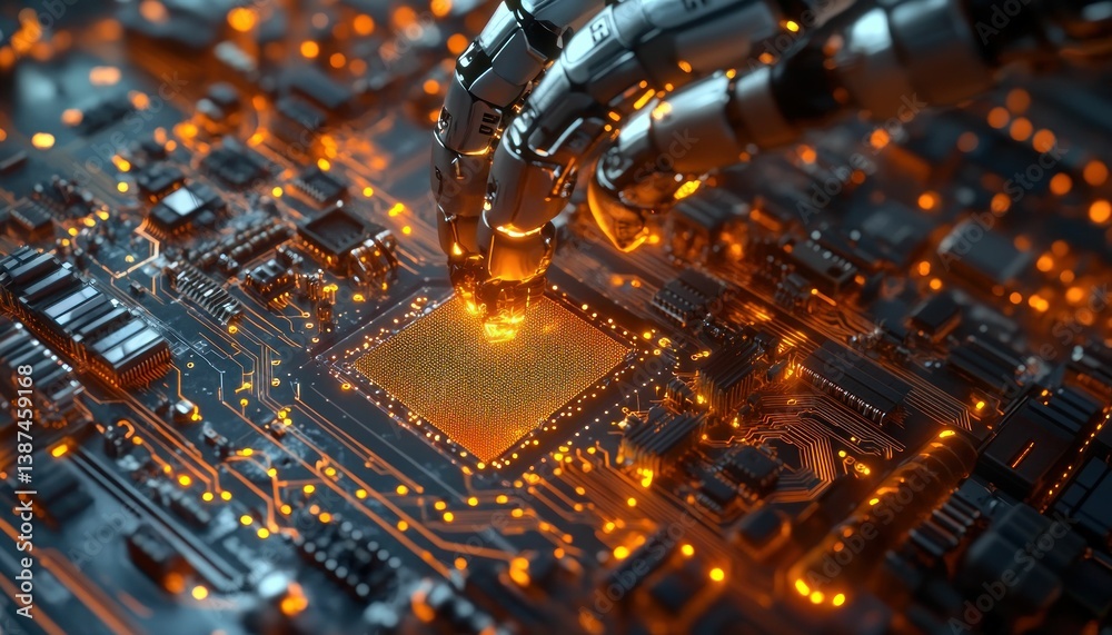 Poster robotic arm interaction with circuit board, illustrating advanced technology and automation