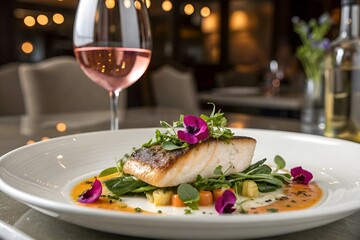 Exquisite Seared Fish Dish with Edible Flowers and Rosé Wine in Upscale Dining Ambiance