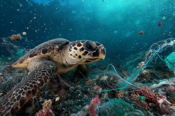 Obraz premium turtle gets entangled in plastic waste in the ocean, looking for food