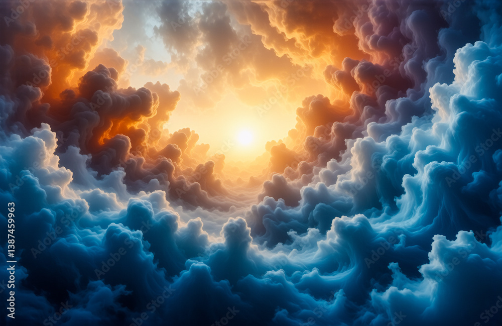 Poster dramatic clouds fill the sky, illuminated by a radiant, golden light breaking through. blue and oran
