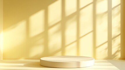 Empty beige podium, sunlit window shadows. Product display