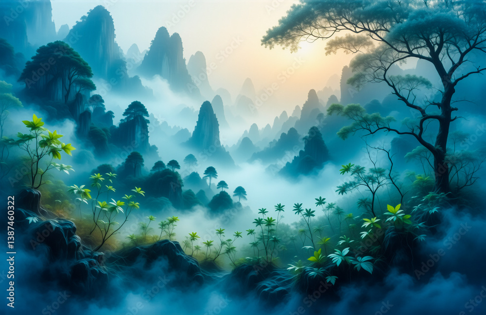 Poster misty mountain landscape with lush trees and plants. fog fills valleys creating a serene and peacefu