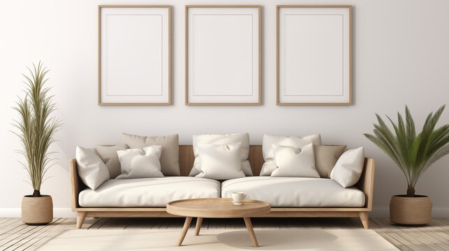 Mock up de trois tableaux avec un sofa et d&eacute;corations. &Eacute;l&eacute;gant, simple. D&eacute;coration, lumi&egrave;res douces. Blanc et beige. Pour conception et cr&eacute;ation graphique.
