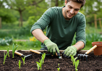 young man planting a plant