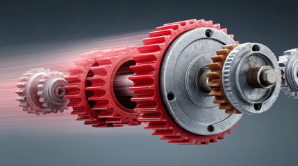 A close-up of a red gear mechanism with metallic components, showcasing movement and engineering precision against a dark background.