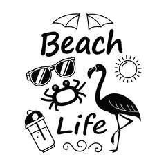 Beach Life Icon Set With Flamingo Crab Sun And Summer Elements