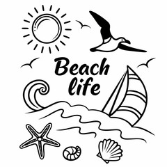 Black And White Beach Life Illustration With Sun,Sailboat,And Sea Shells