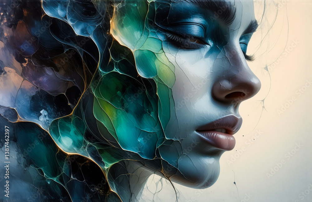 Poster a serene woman's profile merges with abstract fluid art in shades of blue and green, creating an eth