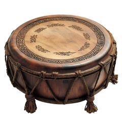 A Wooden Irish Bodhran Drum with Carved Handle Isolated on Transparent Background
