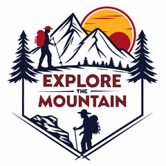 Explore The Mountain Hiking Adventure Logo With Sun And Pine Trees Design