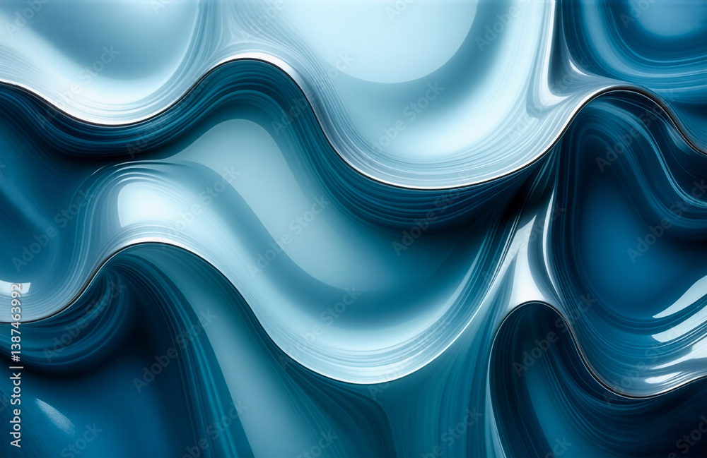 Poster Abstract image features smooth, flowing blue and white waves creating a fluid and dynamic effect.  The wavy forms suggest movement and depth in a modern style.