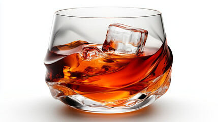 A glass of whiskey with a single ice cube, isolated on white, high quality