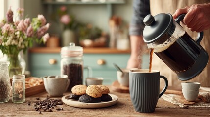 Person pouring coffee from a French press into a mug on a wooden table with cookies and coffee beans.