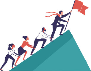 Obraz premium A vibrant illustration of a diverse team working together to climb a mountain, symbolizing teamwork and achieving a common goal.