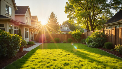 Fototapeta premium Serene backyard garden with evening sun rays and lush grass, Landscaped backyard, Lawn mowing 