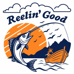Reelin Good Fishing Adventure Featuring A Boat,Fish,And Scenic Sea