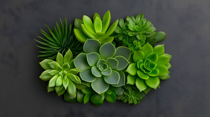 Aerial View of Lush Green Succulent Arrangement on Dark Grey Background