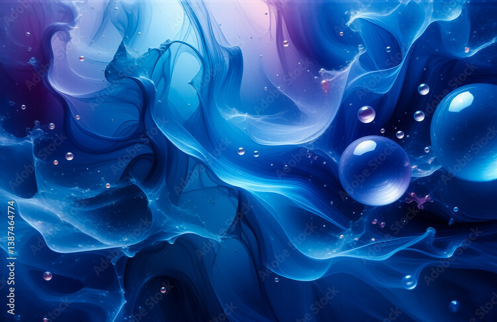 Poster abstract background in blue and purple hues featuring smooth, flowing shapes resembling smoke or liq
