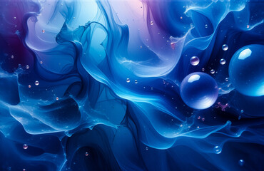 Abstract background in blue and purple hues featuring smooth, flowing shapes resembling smoke or liquid. Spherical elements add depth to the dreamy, fluid composition.