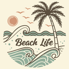 Tropical Beach Life Scene With Palm Trees Waves And Sunset Vector Illustration