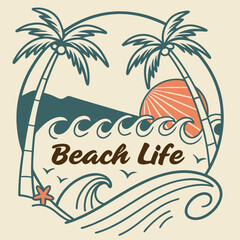 Beach Life Emblem With Palm Trees Waves And Sunset Vector Illustration