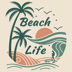 Tropical Beach Life Graphic Illustration With Palm Trees And Surfer