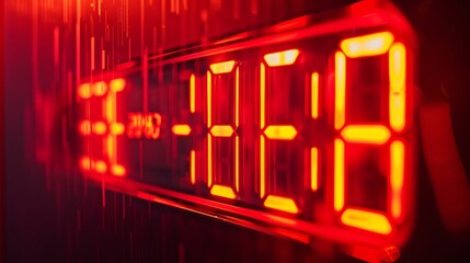Glowing red digital clock. Futuristic technology background.